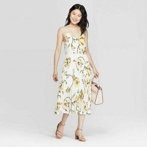 Summer Midi Dress XXL White Yellow Floral Flowy Pleated Drop Waist Sleeveless